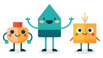 Cartoon cute geometry shapes with funny faces legs hands. Simple math education for kids. Funny square triangle circle. set vector