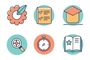 Doodle with fill offset, Book and time managements related isolated colorful icon set illustration on white background vector