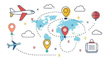 Plane route line. Airplane with dashed trace and map pin at start. Various aircrafts and destination pins icons. Editable stroke path. Infographic set vector