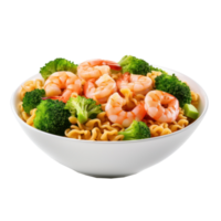 shrimp and broccoli in a bowl with noodles on a transparent background png