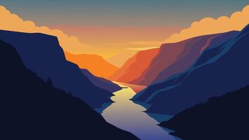 Splendid summer sunset of Sunnylvsfjorden fjord canyon, Geiranger village location, western Norway. flat illustration vector