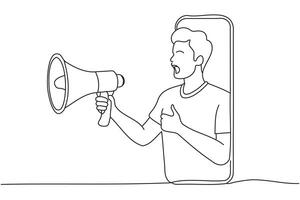 internet advertisement. Hands holding smartphone with a man shouting in loud speaker.continuous line art illustration vector