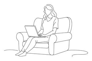 Freelancer female working at home with laptop computer on cozy sofa, continuous line art illustration on white background. vector