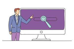 Searching Browsing Internet Data Information Networking Concept, Business man clicking internet search page on computer touch screen, ui design flat line illustration. vector