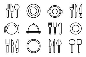 Plate, knife and fork related editable stroke outline icon set on white background vector