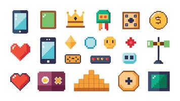 Pixel game elements. Graphic 8bits arcade games button bars and symbols. Game levels menu and icon. Digital pixels heart start trophy bomb and crown. set. vector
