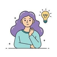 Woman thinking. Light bulb with gears over head, colorful continuous line art illustration. vector