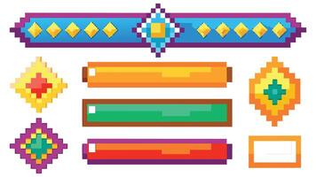 Pixel banner. Header footer color layout with mosaic edges. Horizontal title tags with pixels. Labels pixelated decoration advertising elements vector