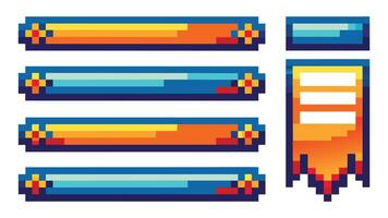 Pixel banners. Header footer banner rectangles with pixel digital edges vertical and horizontal title boxes pixelated gradient grunge texture set vector