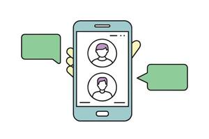 Mobile phone chat message notifications illustration isolated on color background, hand with smartphone colorful illustration vector