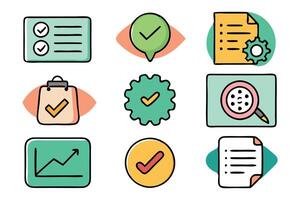 Doodle Evaluation and assess Related related colorful icon set flat illustration on white background. vector