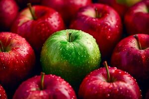 A single green apple among a group of red apples, solitude and loneliness concept photo