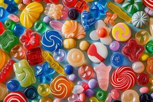 Assorted candies in different colors and shapes representing diversity, equity, and inclusion photo