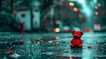Abandoned toy on a rainy street, symbolizing loneliness and abandonment, copy space for text photo