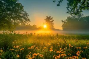 Sunrise illuminating a dewy meadow, symbolizing hope and renewal photo