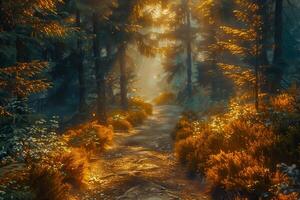 Forest path bathed in golden sunlight, symbolizing tranquility and warmth photo