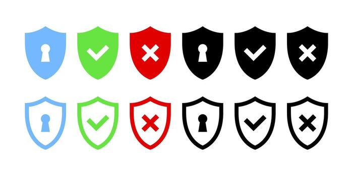 A set of shields with a check mark and a keyhole on a white background vector