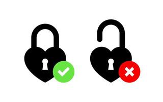 Heart-shaped padlocks with a green check mark and a cross symbol vector
