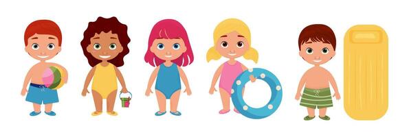 illustration of cartoon children on a beach holiday. illustrations on a white background. summer holidays and fun. vector