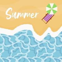 beach with waves, umbrella, bright chaise longue. the short phrase is Summer. Summer background. View from above. vector