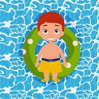Top view of a cute little boy floating on an inflatable green circle in the sea. illustration. summer holidays vector