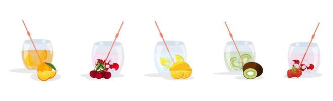 A set of summer drinks. Lemonade, strawberry, cherry, kiwi, orange. illustration on an isolated white background. fresh fruit lemonade with ice. vector