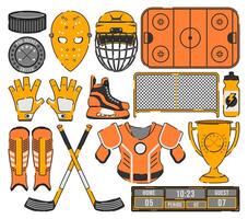 Ice hockey design elements with hockey pucks, masks, helmet, crossed sticks, goal, and trophy cups in a large collection vector