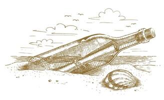 Marine bottle with a message in the sand drawn by hand. Marine bottle with a message in the sand vector