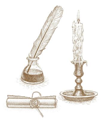 Ink and pen, paper scroll and candle drawn by hand on white background