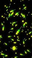 Black background.Design.Green and white particles of small size in the animation fly at high speed from bottom to top. video