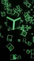 Black background. Design.Small squares of neon green are scattered in different directions in abstraction. video