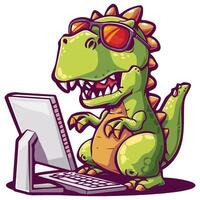dinosaur wearing sunglasses working on a computer illustration vector