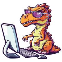 dinosaur wearing sunglasses working on a computer illustration vector