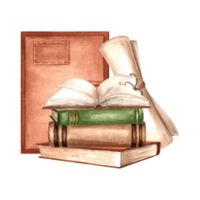 Books stack and Notebook with papyrus scroll. Composition with old parchment sheet and diary. Hand drawn watercolor illustration isolated. Education concept. Template for card, sticker, website, print png