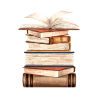 Open book is lying on stack of different books. Composition with textbooks. Hand drawn watercolor illustration isolated. Education concept. Literature and reeding. Template for card, sticker, website. png