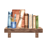 Books and writing utensils on bookshelf. Composition with notebook and papyrus paper scroll. Hand drawn watercolor illustration isolated. School supplies. Template for card, sticker, website, print. png