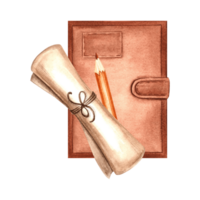 Notebook with pencil and papyrus scroll. Composition with old parchment sheet and diary for writing. Hand drawn watercolor illustration isolated. Writing supplies. Template for card, sticker, website. png