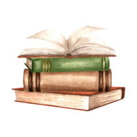 Open book is lying on stack of different books. Composition with textbooks. Hand drawn watercolor illustration isolated. Education concept. Literature and reeding. Template for card, sticker, website. png