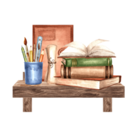 Books stack and writing utensils on bookshelf. Composition with notebook and papyrus scroll. Hand drawn watercolor illustration isolated. School supplies. Template for card, sticker, website, print. png