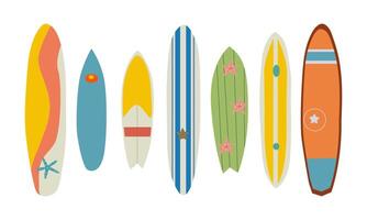 surfboard set isolated on white background, various surf tables, flat style, cartoon illustration vector