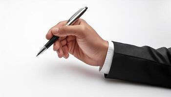 Close-up of a hand holding a pen, ready to write on something out of frame photo