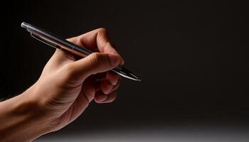 Close-up of a hand holding a pen, ready to write on something out of frame photo