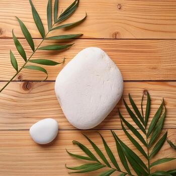 background for product display with a white stone, top view light brown wooden table surface photo