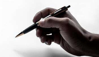 Close-up of a hand holding a pen, ready to write on something out of frame photo