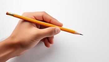 Close-up of a hand holding a pen, ready to write on something out of frame photo