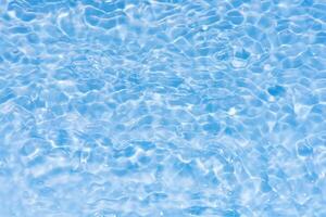 Blue water with ripples on the surface. Defocus blurred transparent blue colored clear calm water surface texture with splashes and bubbles. Water waves with shining pattern texture background. photo