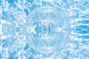Bluewater waves on the surface ripples blurred. Defocus blurred transparent blue colored clear calm water surface texture with splash and bubbles. Water waves with shining pattern texture background. photo