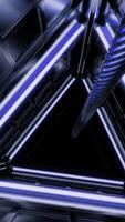 Triangular 3d tunnel with metal walls. Design. Rotating 3d tunnel with rope in middle. Lifeline in dark tunnel with neon lines video