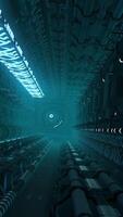 Corridor with pipes and lines in futuristic ship. Motion. Tunnel with neon lines and technological pipes. Futuristic spaceship technology video