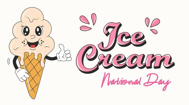 nacional hielo crema día saludo tarjeta. maravilloso personaje en retro estilo. un gofre cono hielo crema. fiesta concepto. modelo para fondo, bandera, tarjeta postal, póster, web. vector
